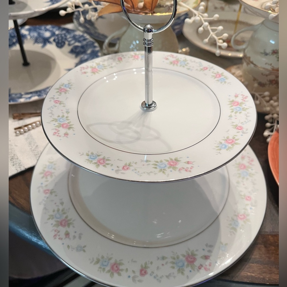 Vintage Floral China Two-Tiered Server